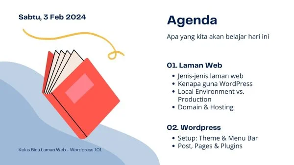 Poster Agenda Kelas Bina Laman Web Wordpress WP 101 Hari Pertama